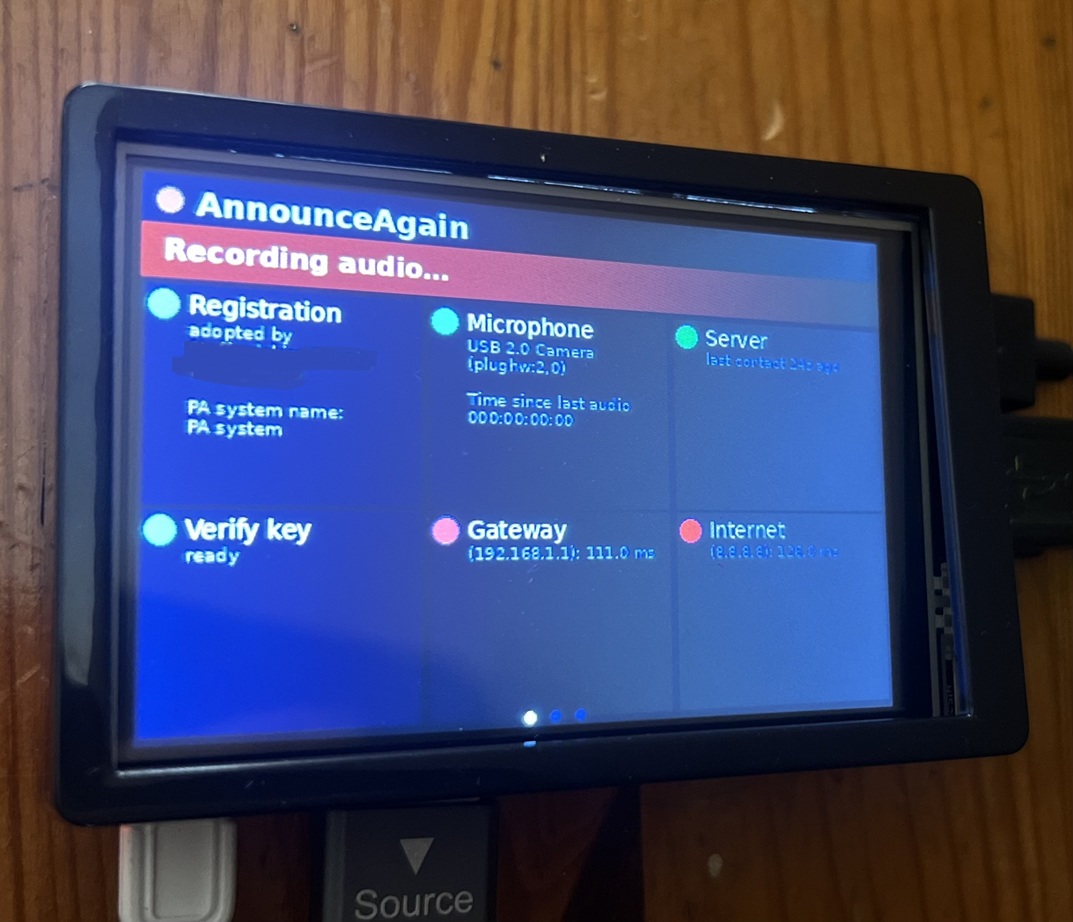 The Recorder Box's on-screen status display, showing it actively recording audio with live status for the microphone, server connection and network gateway.